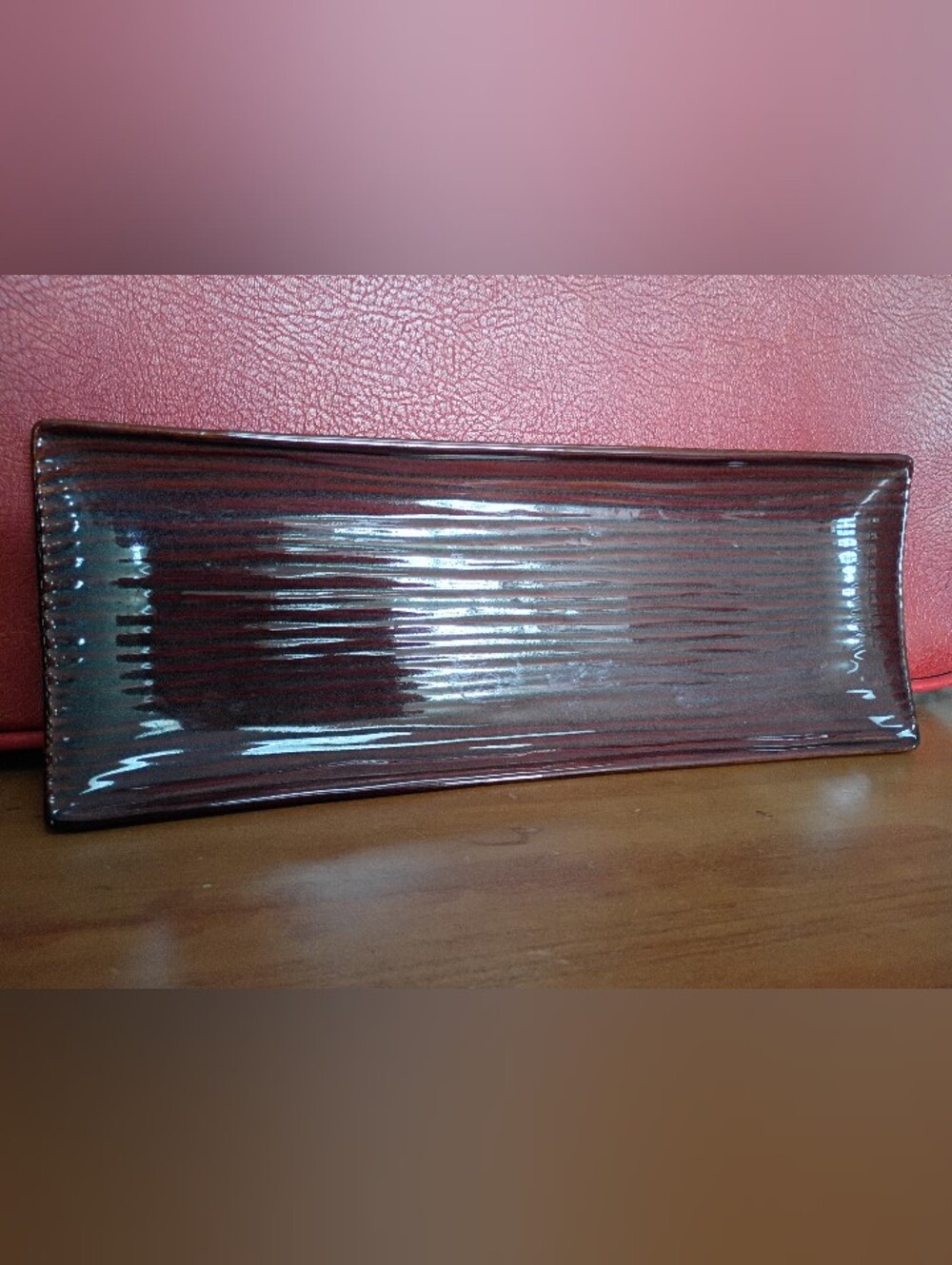 PartyLite Gaia Ceramic Candle Tray Brown Wood Grain Long